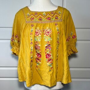 Savanna Jane Embroidered Tunic Top Yellow Mustard Short Sleeve Boho M
